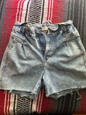 Light Blue Denim Paperbag Waist Women’s Shorts ruffle waist